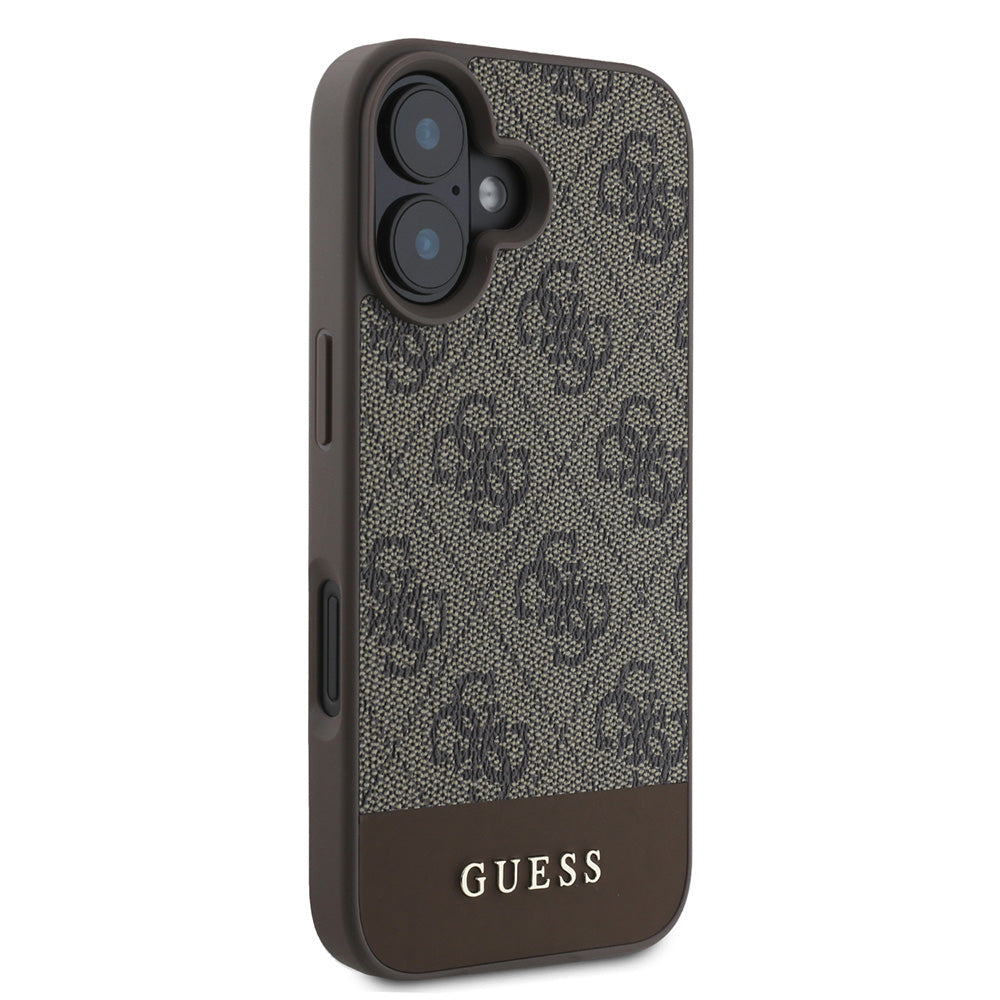 Apple iPhone 16 Plus Kılıf Guess Magsafe Şarj Özellikli PU Deri Şerit Logo Dizaynlı Kapak Kahverengi