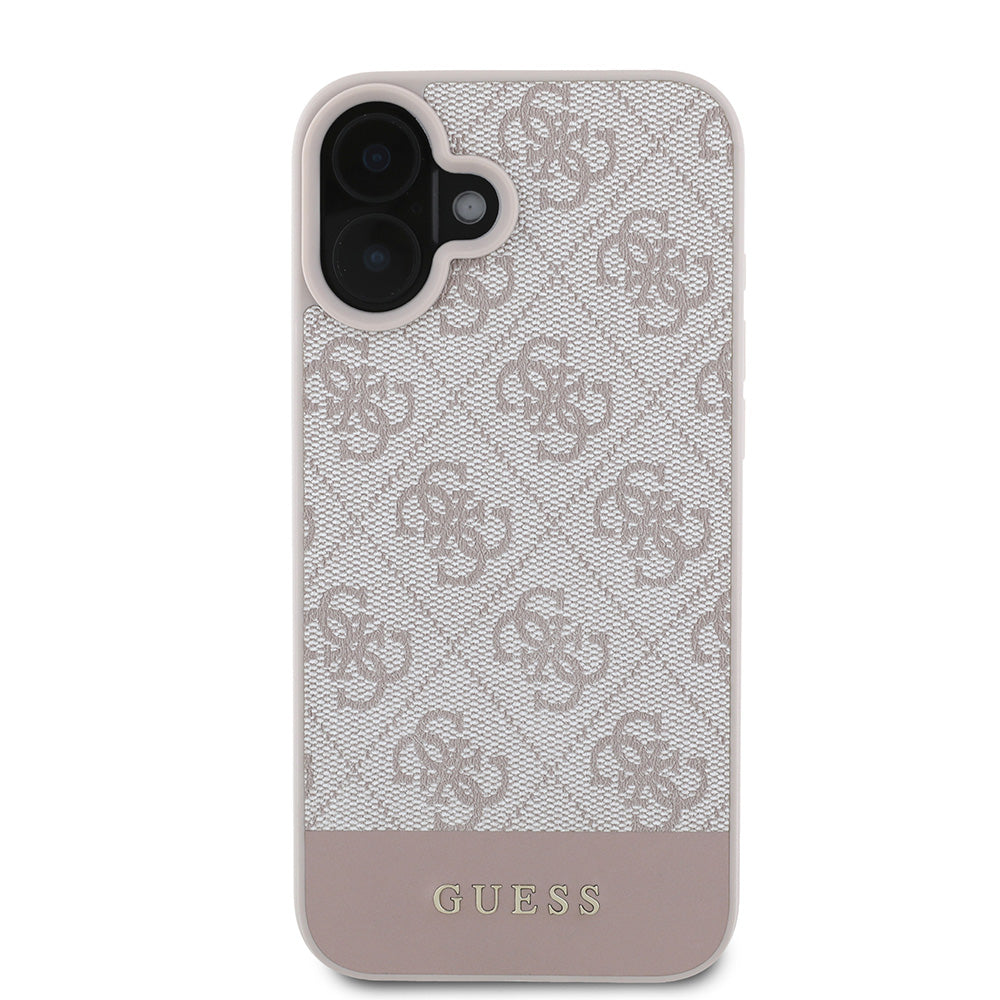 Apple iPhone 16 Plus Kılıf Guess Magsafe Şarj Özellikli PU Deri Şerit Logo Dizaynlı Kapak Pembe
