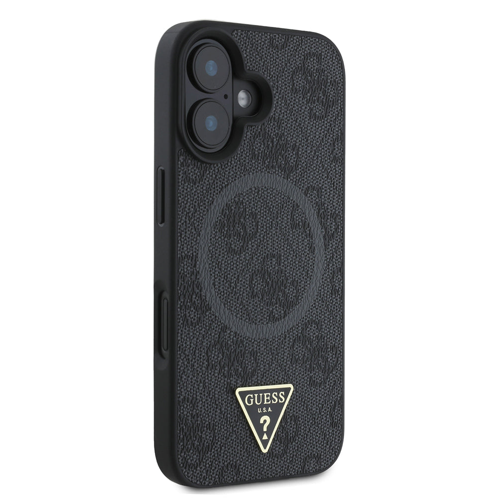 Apple iPhone 16 Kılıf Guess Magsafe Şarj Özellikli PU Üçgen Logolu 4G Desenli Kapak Siyah