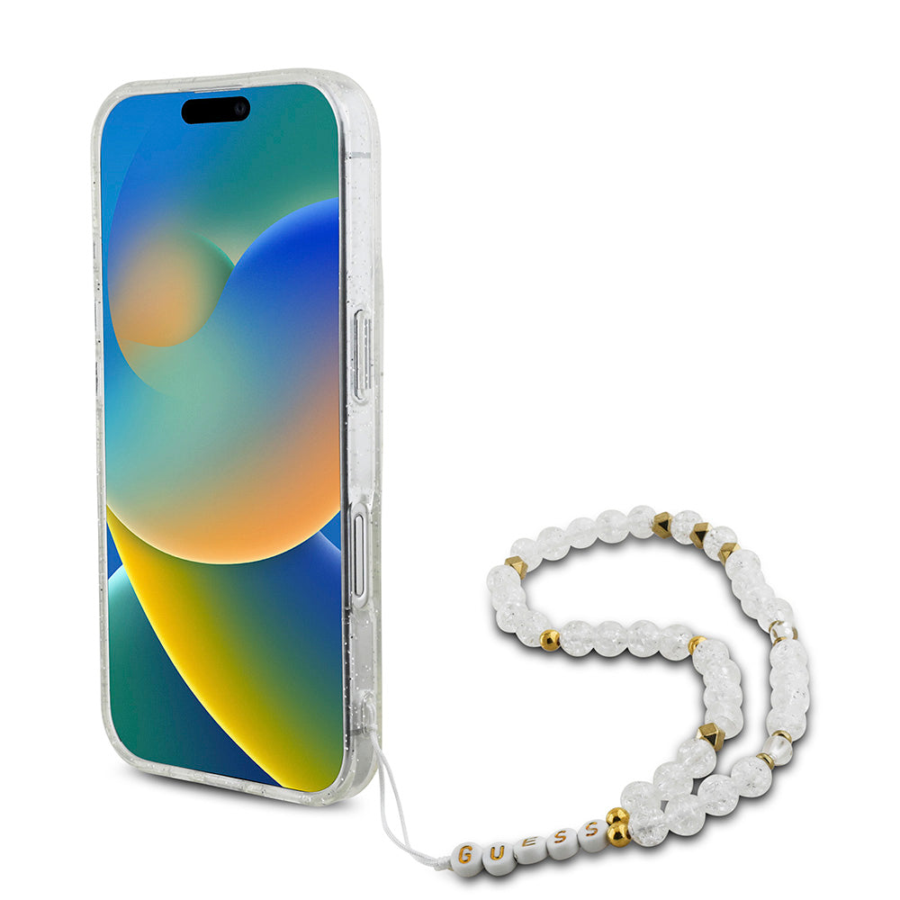 Apple iPhone 16 Plus Kılıf Guess  Magsafe Şarj Özellikli Simli Silikon İnci Bileklikli Kapak Transparan