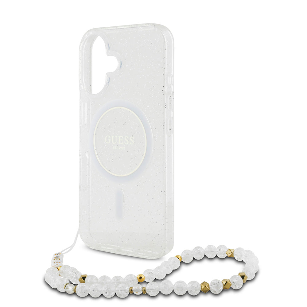 Apple iPhone 16 Plus Kılıf Guess  Magsafe Şarj Özellikli Simli Silikon İnci Bileklikli Kapak Transparan