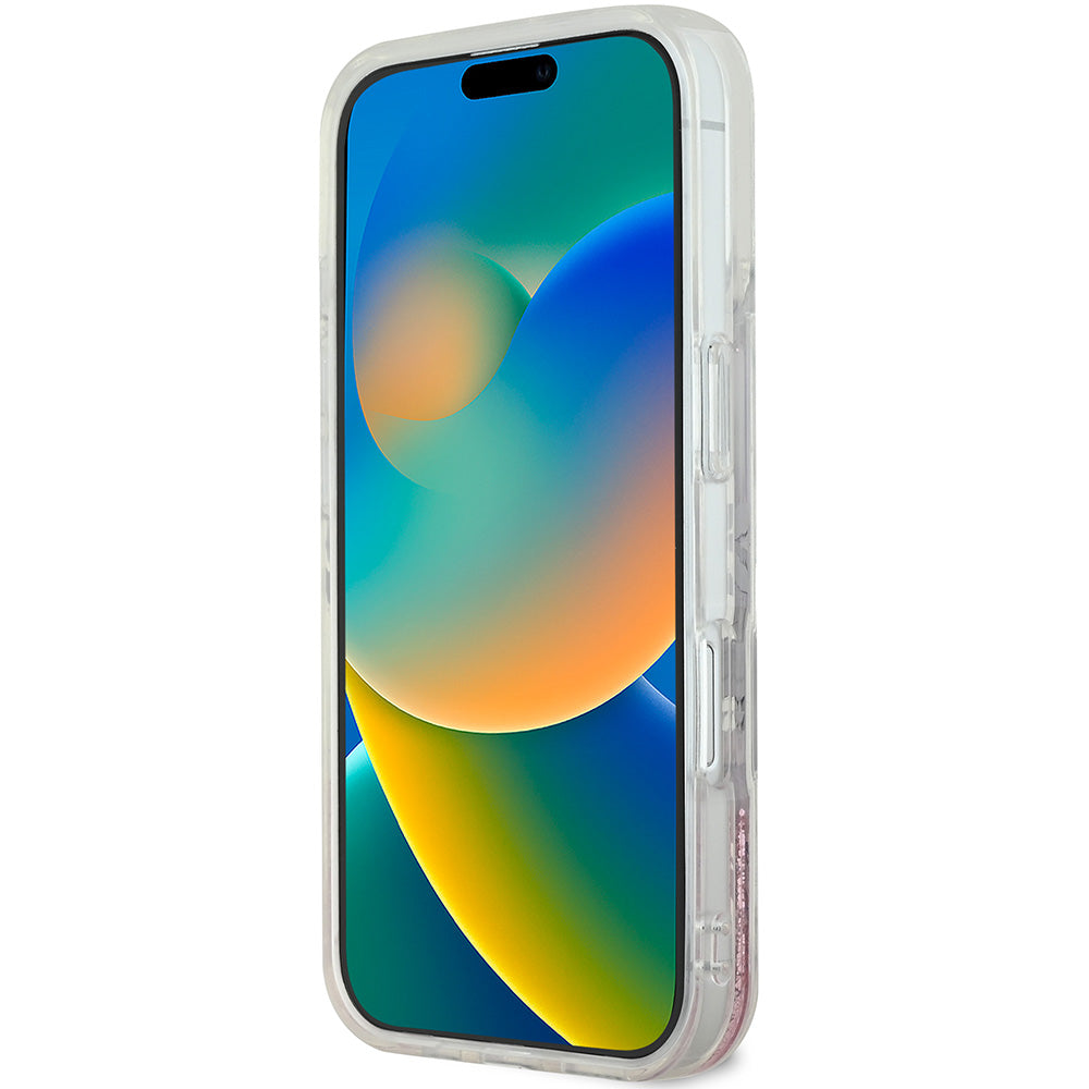 Apple iPhone 16 Plus Kılıf Guess Magsafe Şarj Özellikli Sıvılı Simli Çiçek Desenli Kapak Pembe