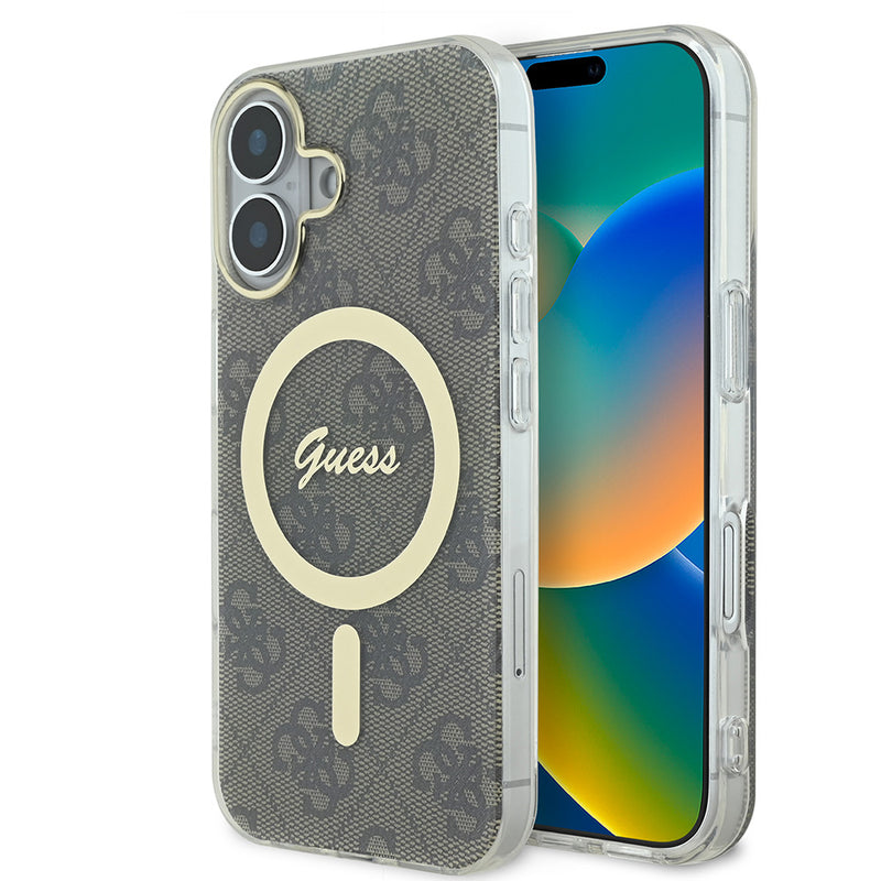Apple iPhone 16 Plus Kılıf Guess Magsafe Şarj Özellikli Yazı Logolu 4G Desenli Kapak Kahverengi