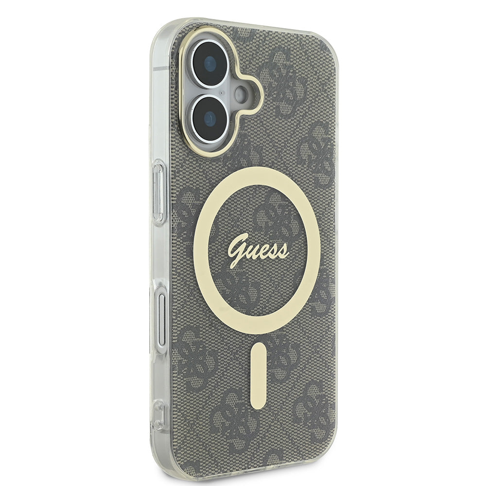 Apple iPhone 16 Plus Kılıf Guess Magsafe Şarj Özellikli Yazı Logolu 4G Desenli Kapak Kahverengi