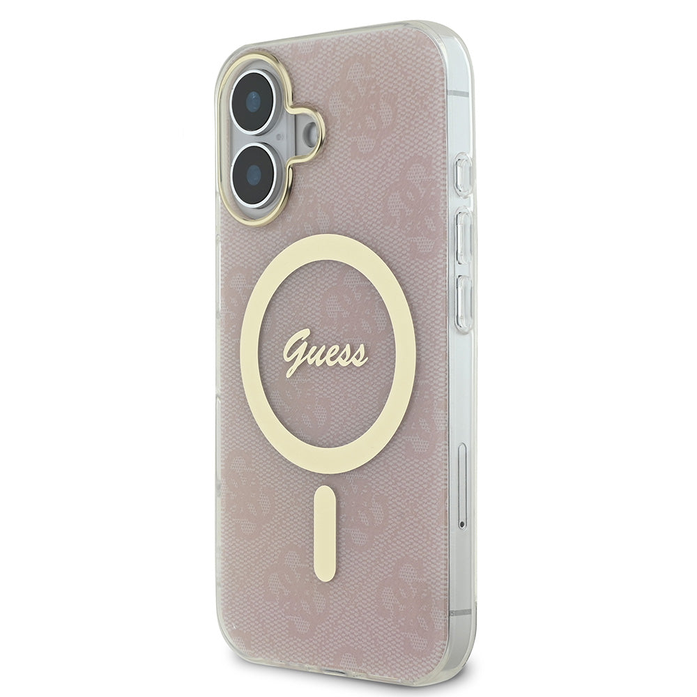 Apple iPhone 16 Plus Kılıf Guess Magsafe Şarj Özellikli Yazı Logolu 4G Desenli Kapak Pembe