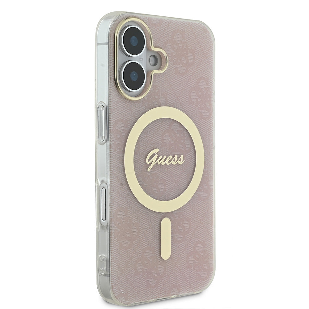 Apple iPhone 16 Plus Kılıf Guess Magsafe Şarj Özellikli Yazı Logolu 4G Desenli Kapak Pembe