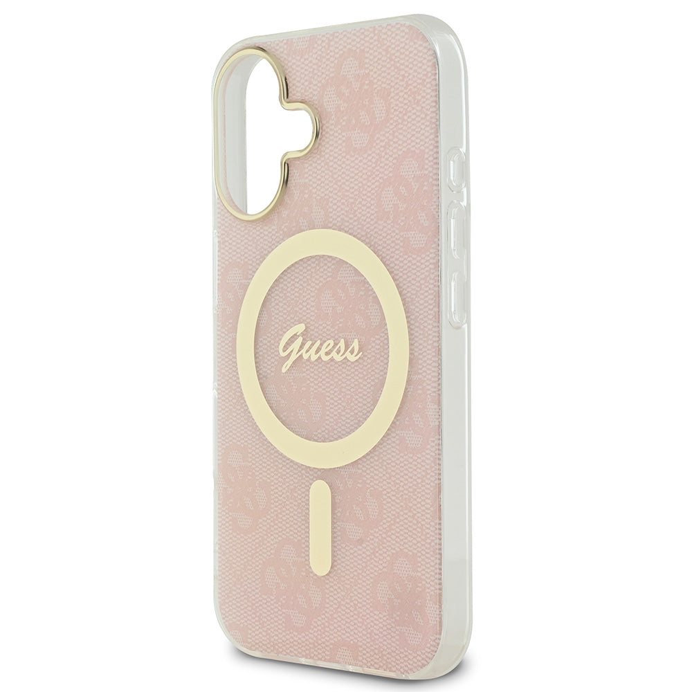 Apple iPhone 16 Plus Kılıf Guess Magsafe Şarj Özellikli Yazı Logolu 4G Desenli Kapak Pembe