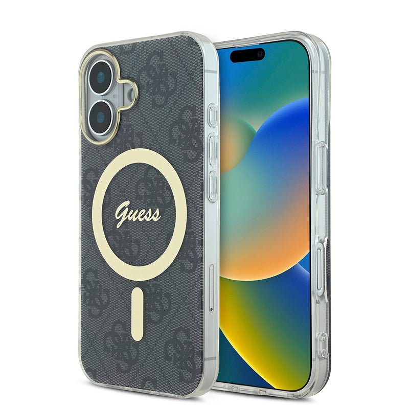 Apple iPhone 16 Plus Kılıf Guess Magsafe Şarj Özellikli Yazı Logolu 4G Desenli Kapak Siyah
