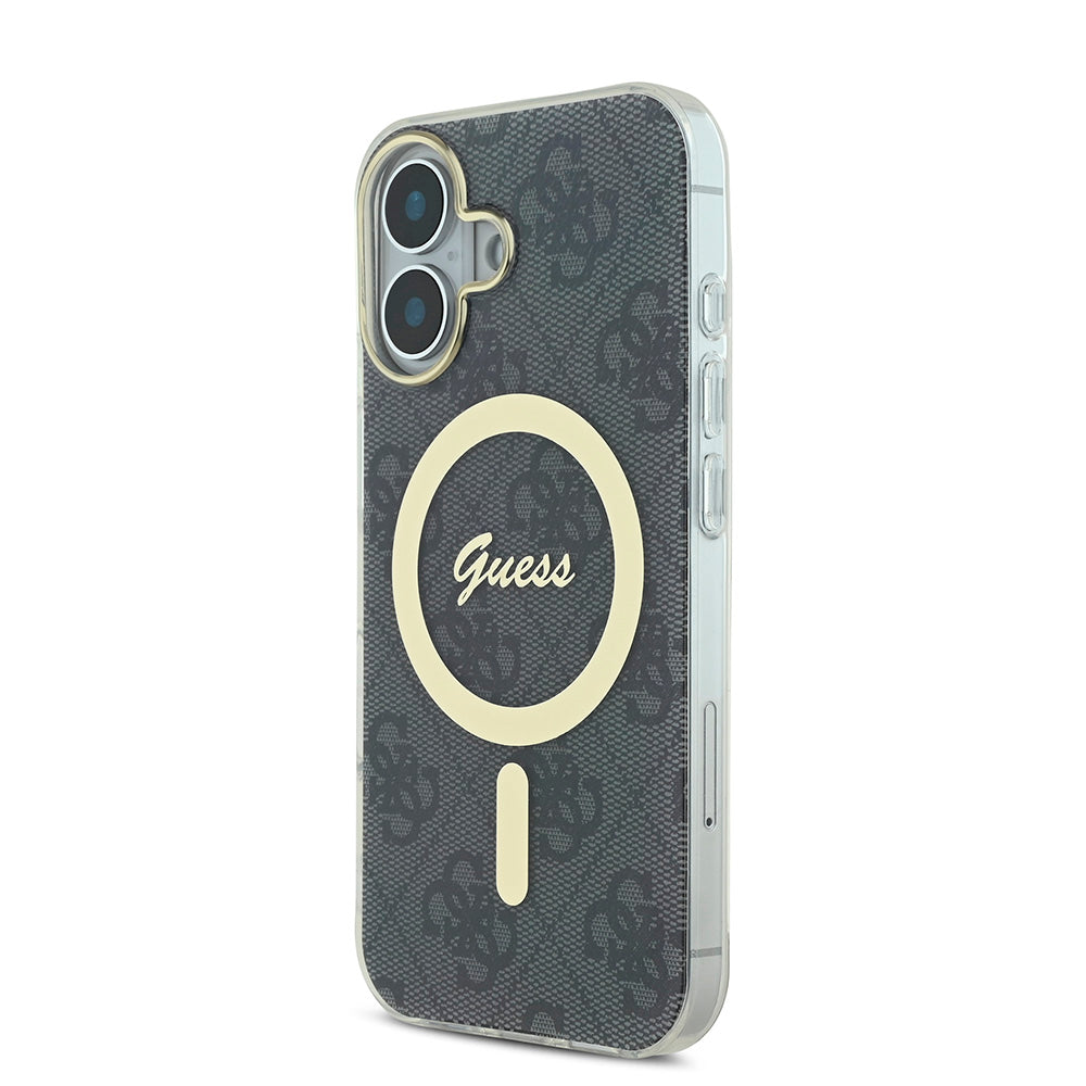 Apple iPhone 16 Plus Kılıf Guess Magsafe Şarj Özellikli Yazı Logolu 4G Desenli Kapak Siyah