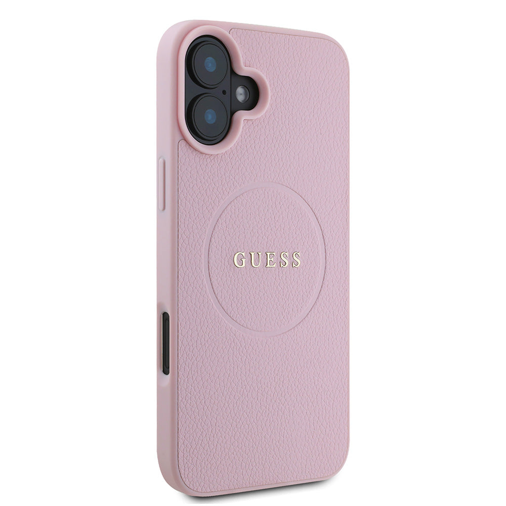 Apple iPhone 16 Plus Kılıf Guess Magsafe Şarj Özellikli Yazı Logolu Grained Kapak Pembe