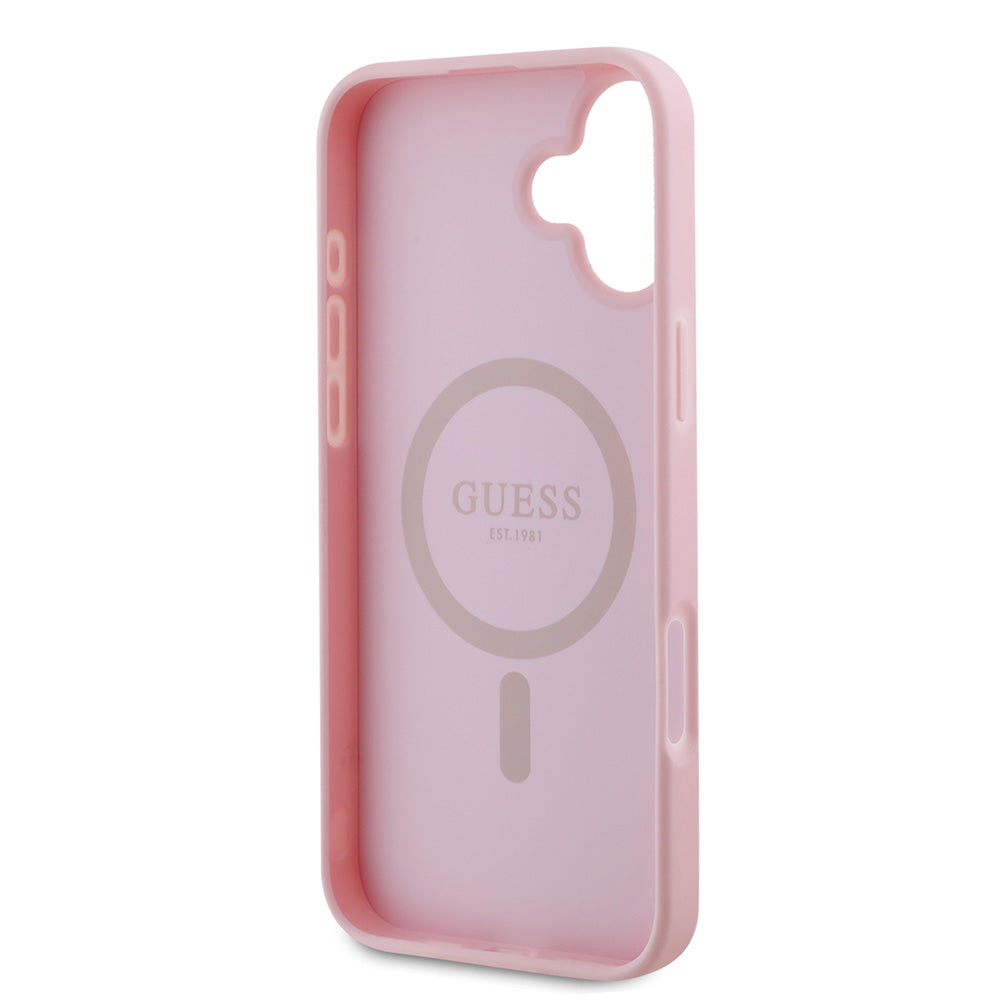 Apple iPhone 16 Plus Kılıf Guess Magsafe Şarj Özellikli Yazı Logolu Grained Kapak Pembe