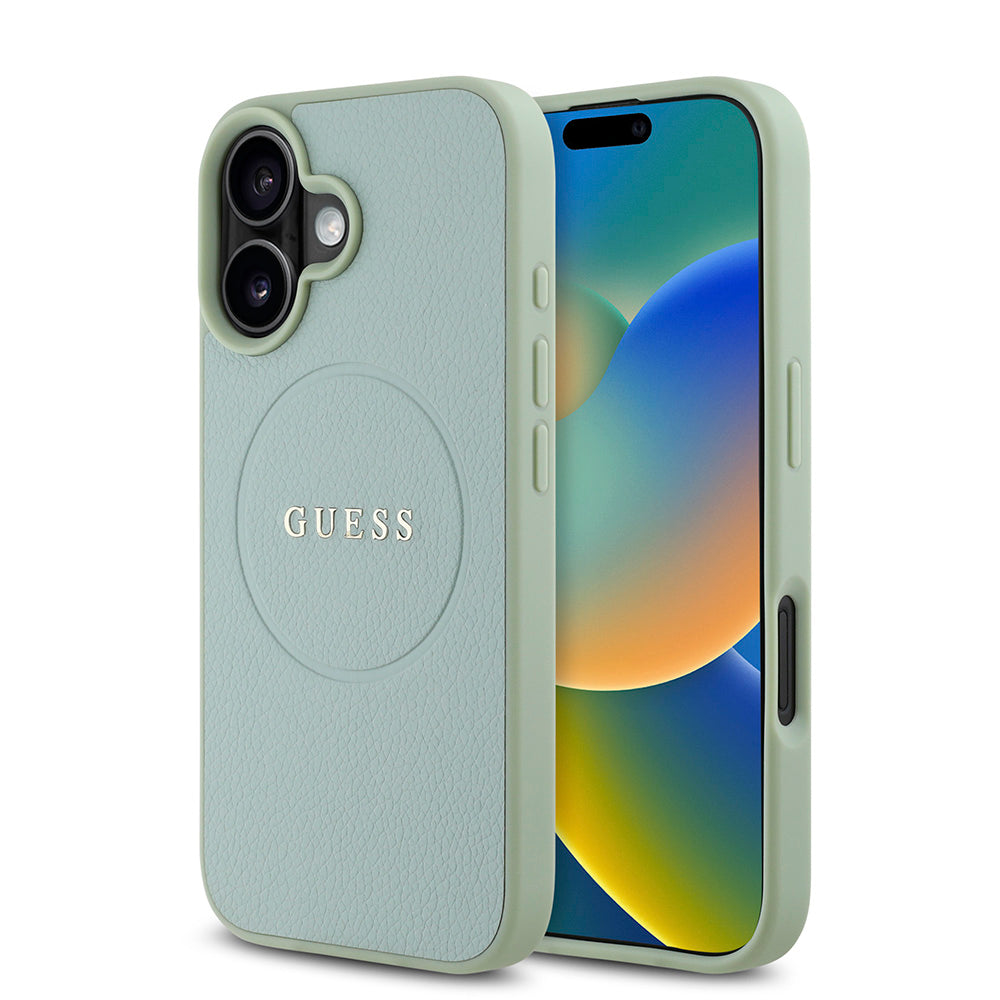Apple iPhone 16 Plus Kılıf Guess Magsafe Şarj Özellikli Yazı Logolu Grained Kapak Yeşil