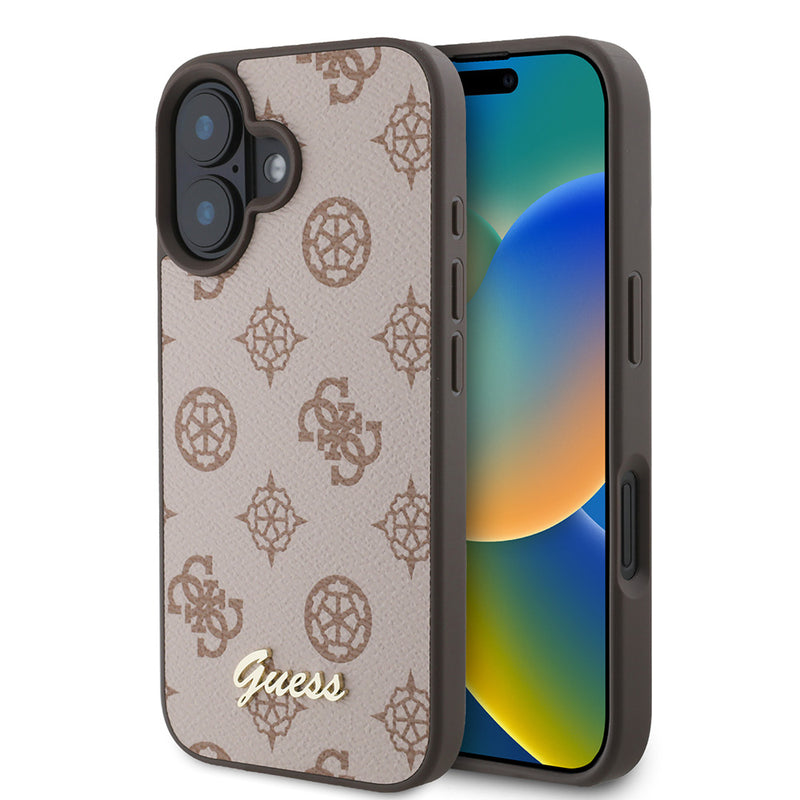 Apple iPhone 16 Plus Kılıf Guess Magsafe Şarj Özellikli Yazı Logolu Peony Kapak Kahverengi