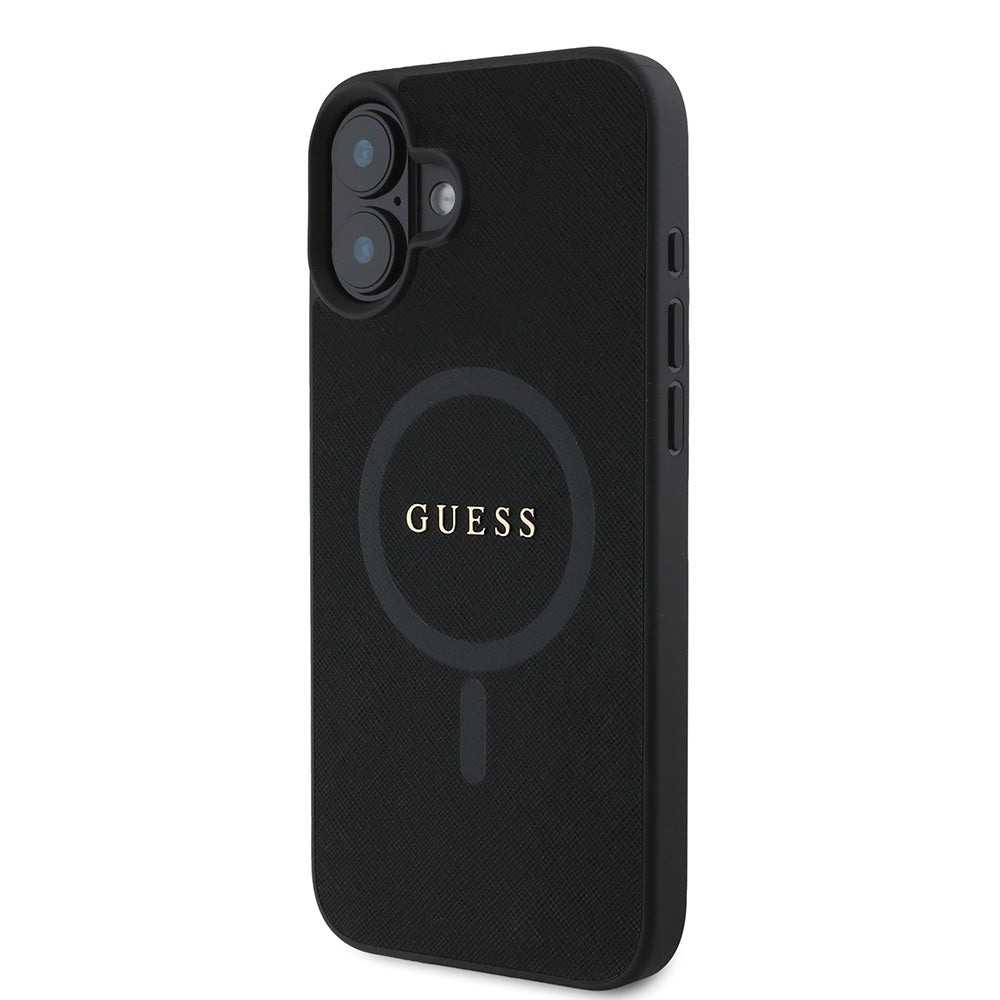 Apple iPhone 16 Plus Kılıf Guess Magsafe Şarj Özellikli Yazı Logolu Saffiano Classic Kapak Siyah