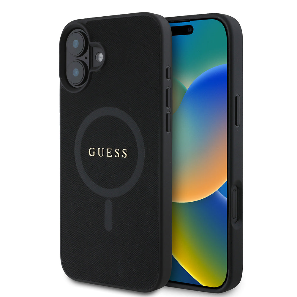 Apple iPhone 16 Plus Kılıf Guess Magsafe Şarj Özellikli Yazı Logolu Saffiano Peony Kapak Siyah