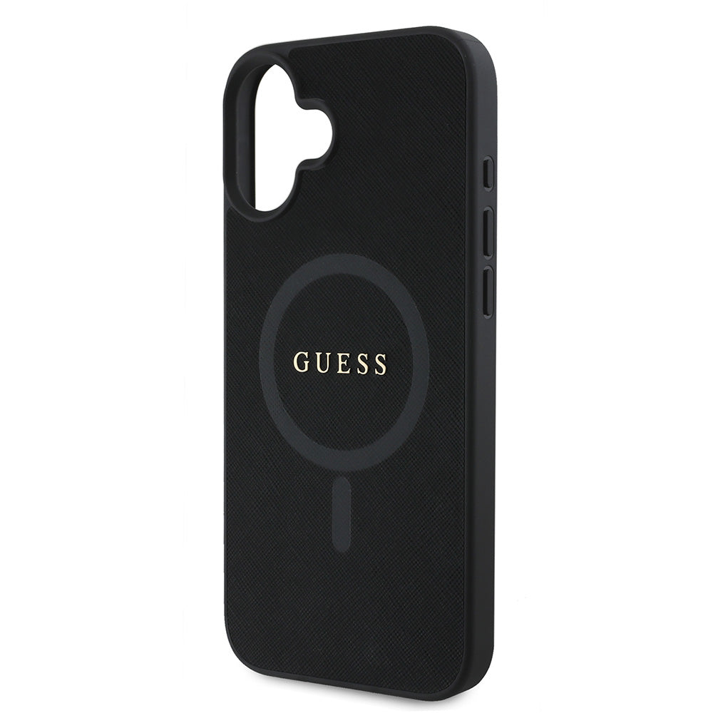 Apple iPhone 16 Plus Kılıf Guess Magsafe Şarj Özellikli Yazı Logolu Saffiano Peony Kapak Siyah