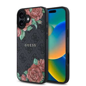 Apple iPhone 16 Kılıf Guess Magsafe Uyumlu Gül Baskılı ve 4G Desenli Kapak Siyah