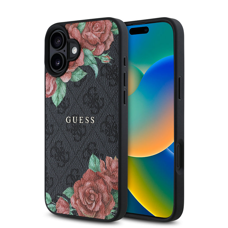 Apple iPhone 16 Kılıf Guess Magsafe Uyumlu Gül Baskılı ve 4G Desenli Kapak Siyah