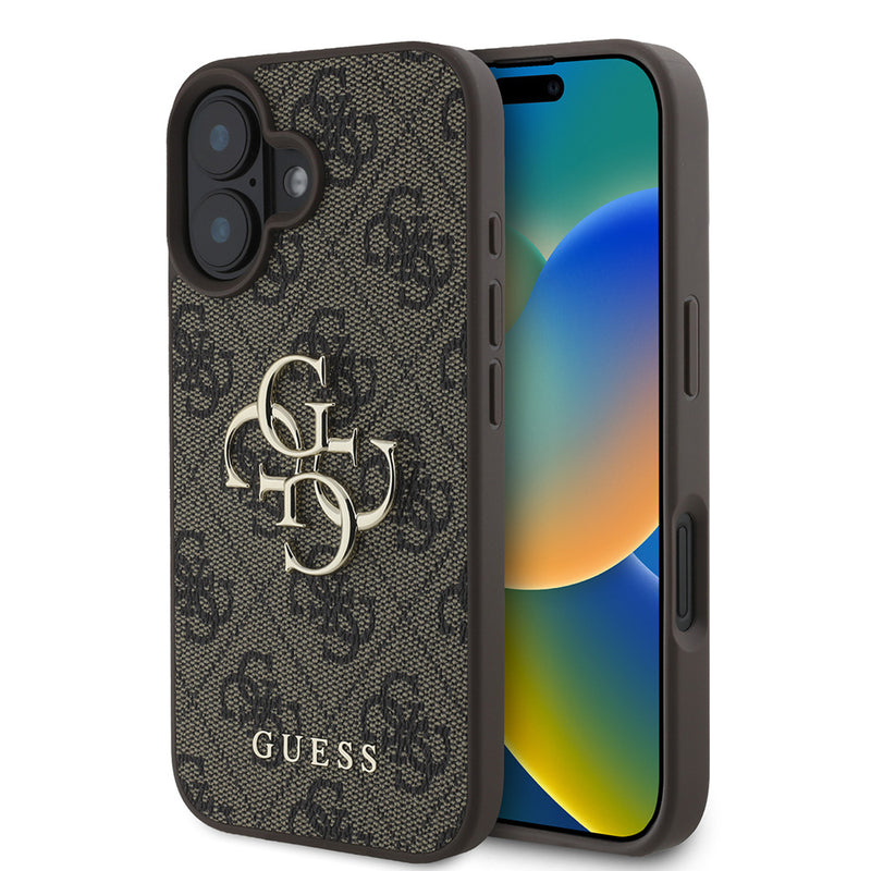 Apple iPhone 16 Plus Kılıf Guess PU Deri 4G Desenli Metal Büyük 4G ve Yazı Logolu Kapak Kahverengi