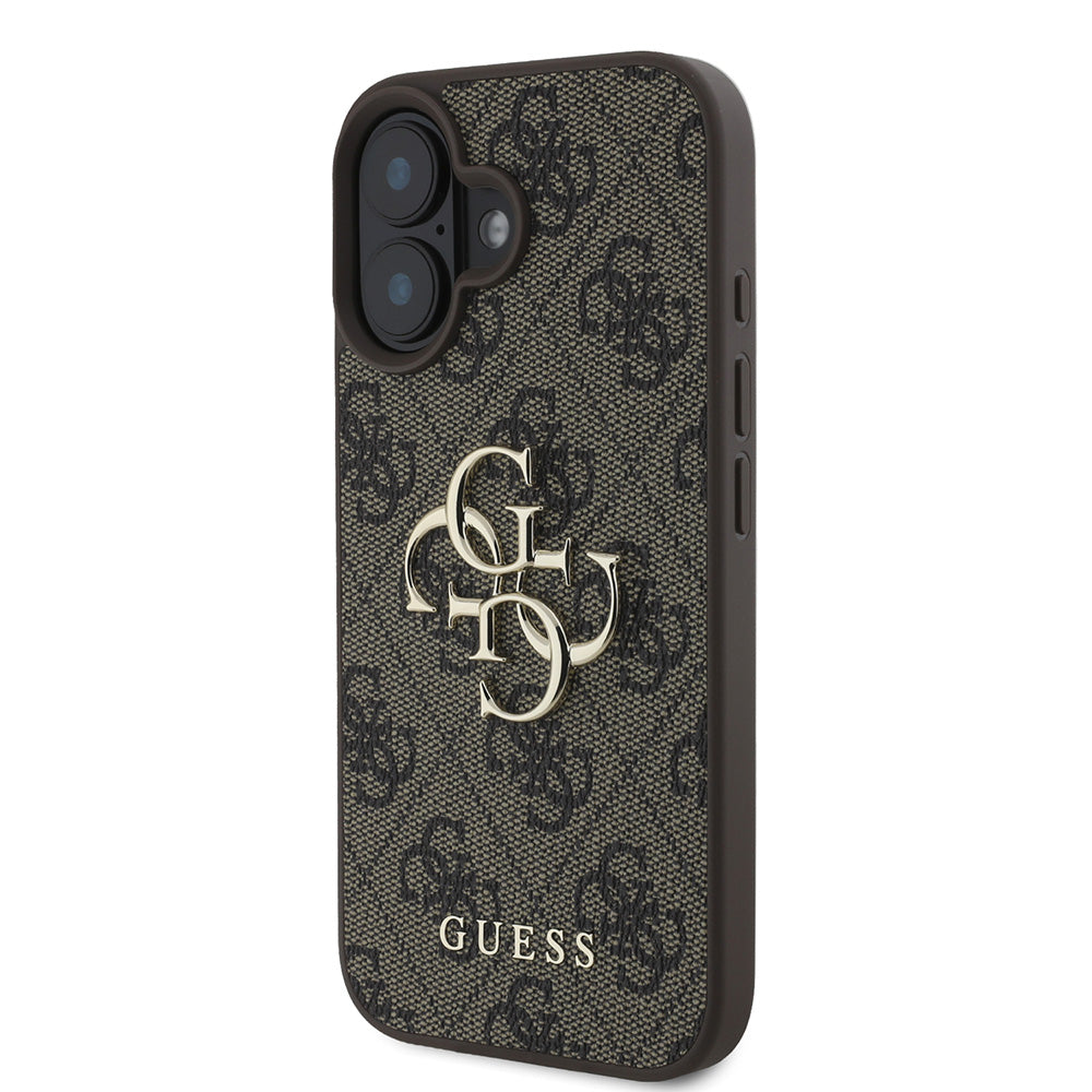Apple iPhone 16 Plus Kılıf Guess PU Deri 4G Desenli Metal Büyük 4G ve Yazı Logolu Kapak Kahverengi