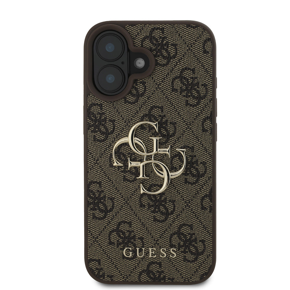 Apple iPhone 16 Plus Kılıf Guess PU Deri 4G Desenli Metal Büyük 4G ve Yazı Logolu Kapak Kahverengi