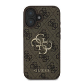 Apple iPhone 16 Plus Kılıf Guess PU Deri 4G Desenli Metal Büyük 4G ve Yazı Logolu Kapak Kahverengi