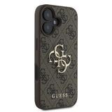 Apple iPhone 16 Plus Kılıf Guess PU Deri 4G Desenli Metal Büyük 4G ve Yazı Logolu Kapak Kahverengi