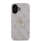 Apple iPhone 16 Plus Kılıf Guess PU Deri 4G Desenli Metal Büyük 4G ve Yazı Logolu Kapak Pembe