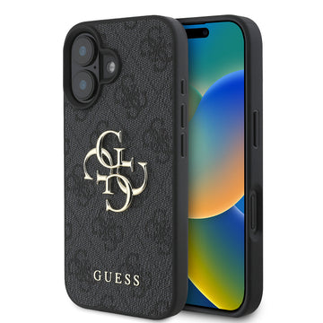 Apple iPhone 16 Plus Kılıf Guess PU Deri 4G Desenli Metal Büyük 4G ve Yazı Logolu Kapak Siyah