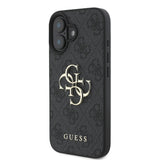 Apple iPhone 16 Plus Kılıf Guess PU Deri 4G Desenli Metal Büyük 4G ve Yazı Logolu Kapak Siyah