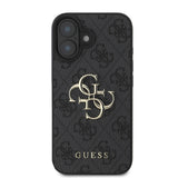 Apple iPhone 16 Plus Kılıf Guess PU Deri 4G Desenli Metal Büyük 4G ve Yazı Logolu Kapak Siyah