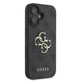 Apple iPhone 16 Plus Kılıf Guess PU Deri 4G Desenli Metal Büyük 4G ve Yazı Logolu Kapak Siyah