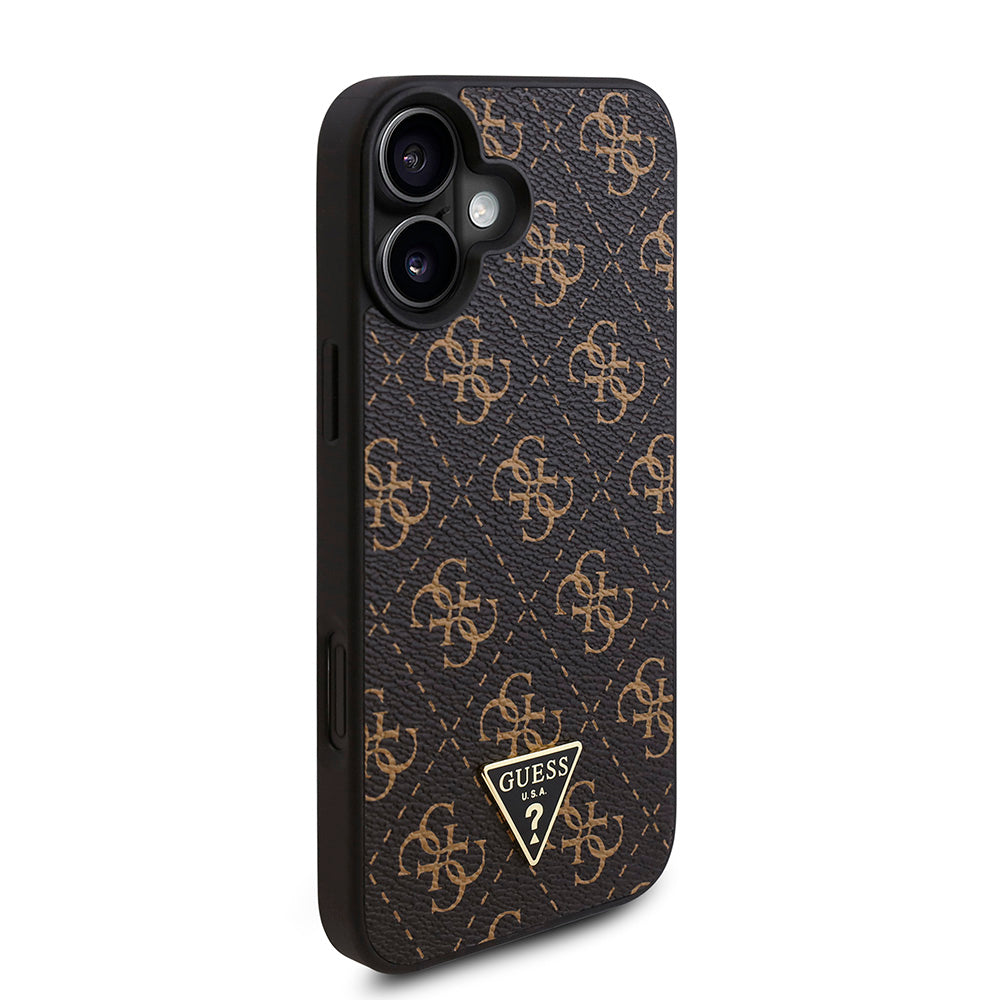 Apple iPhone 16 Plus Kılıf Guess PU Deri 4G Desenli Üçgen Logolu Kapak Siyah