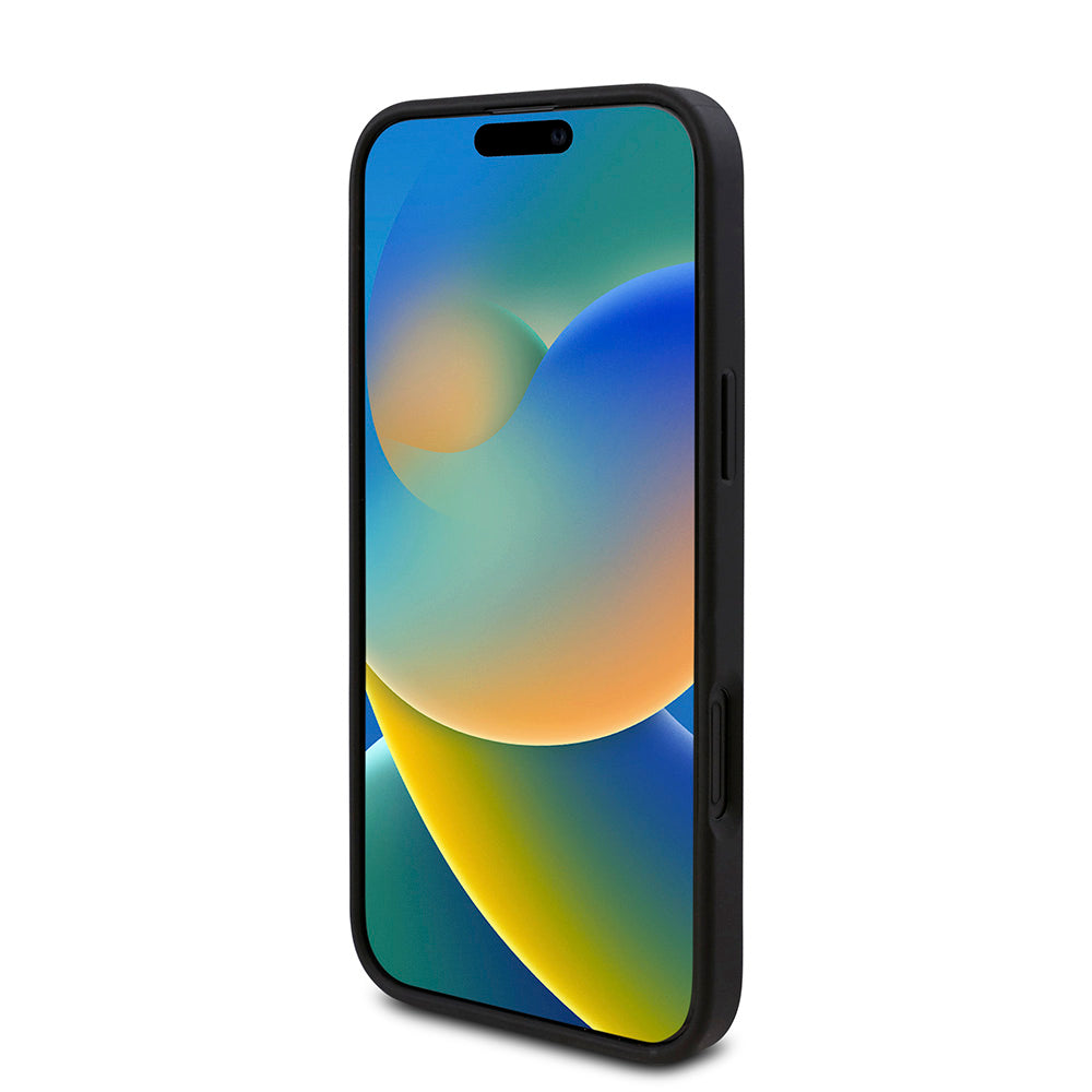 Apple iPhone 16 Plus Kılıf Guess PU Deri 4G Desenli Üçgen Logolu Kapak Siyah