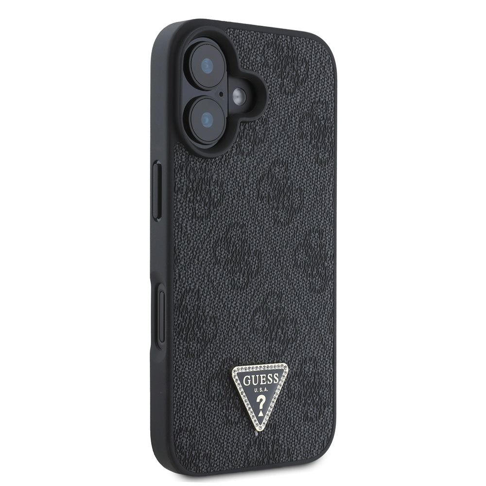 Apple iPhone 16 Plus Kılıf Guess PU Deri Taşlı Metal Üçgen Logolu Çapraz Vücut Askılı 4G Desenli Kapak Siyah