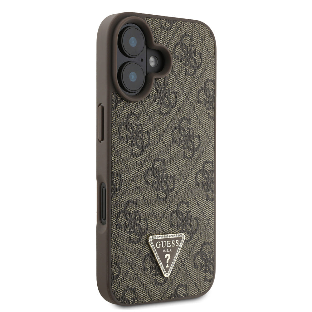Apple iPhone 16 Plus Kılıf Guess PU Deri Taşlı Metal Üçgen Logolu Çapraz Vücut Askılı 4G Desenli Kapak Kahverengi