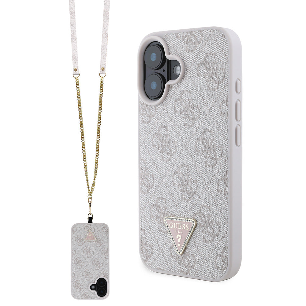 Apple iPhone 16 Plus Kılıf Guess PU Deri Taşlı Metal Üçgen Logolu Çapraz Vücut Askılı 4G Desenli Kapak Pembe