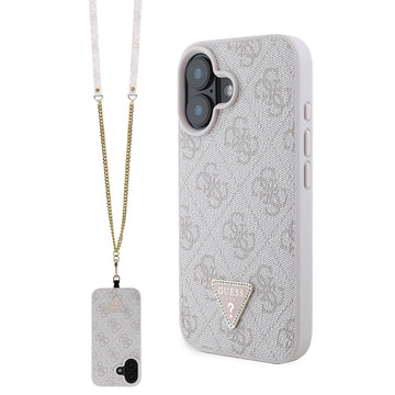 Apple iPhone 16 Plus Kılıf Guess PU Deri Taşlı Metal Üçgen Logolu Çapraz Vücut Askılı 4G Desenli Kapak Pembe