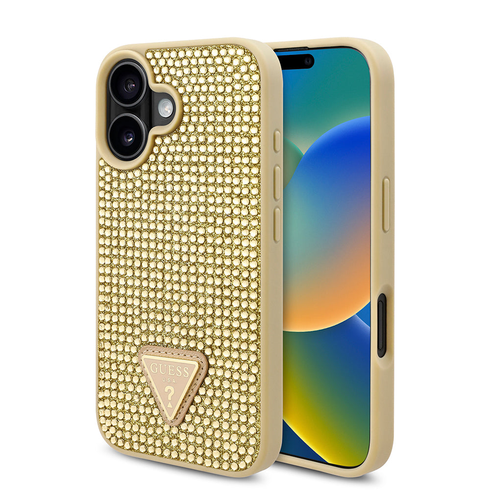 Apple iPhone 16 Kılıf Guess Üçgen Logolu Rhinestone Taşlı Kapak Gold