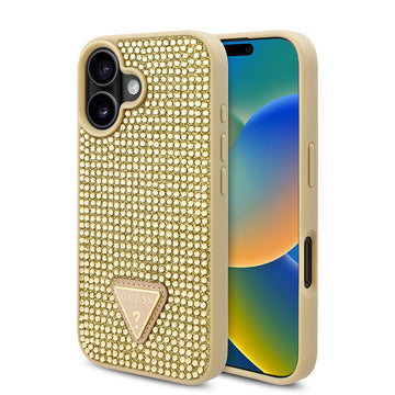Apple iPhone 16 Kılıf Guess Üçgen Logolu Rhinestone Taşlı Kapak Gold