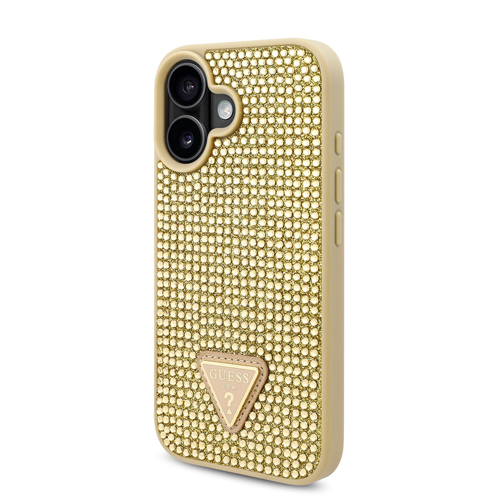 Apple iPhone 16 Plus Kılıf Guess Üçgen Logolu Rhinestone Taşlı Kapak Gold