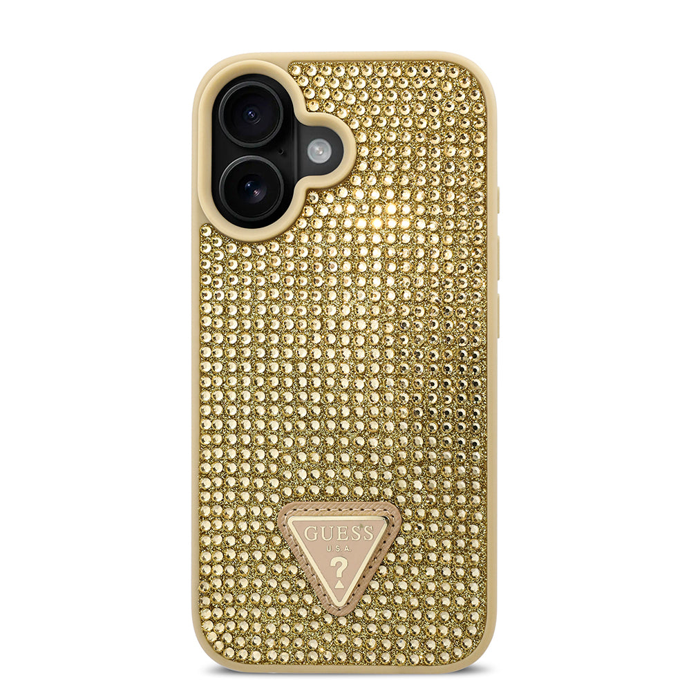 Apple iPhone 16 Kılıf Guess Üçgen Logolu Rhinestone Taşlı Kapak Gold