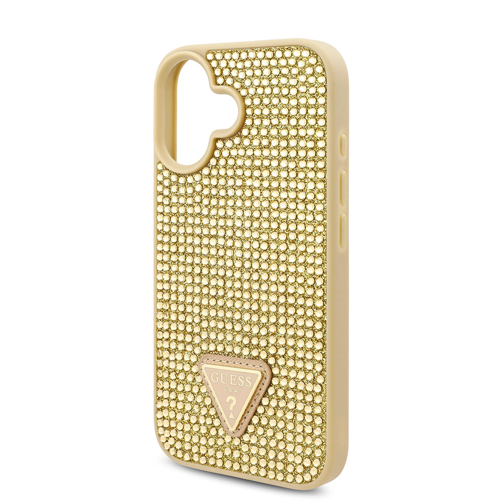Apple iPhone 16 Kılıf Guess Üçgen Logolu Rhinestone Taşlı Kapak Gold