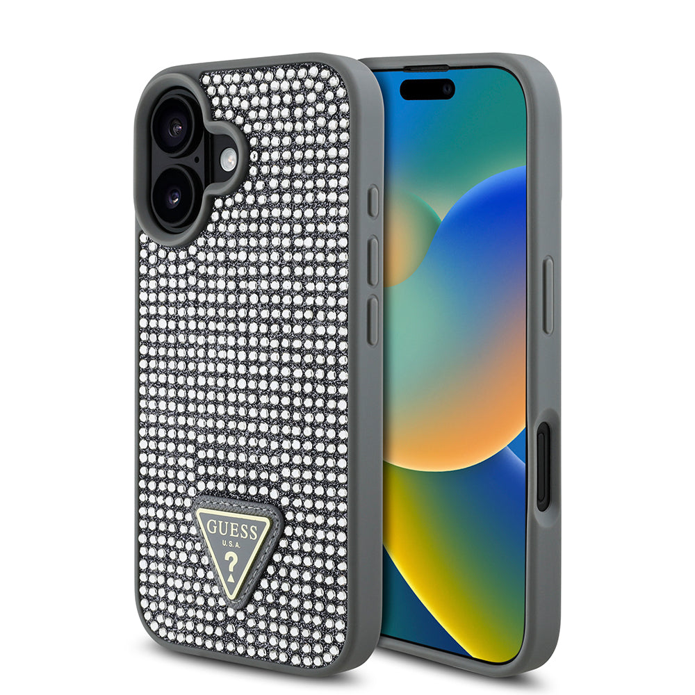 Apple iPhone 16 Plus Kılıf Guess Üçgen Logolu Rhinestone Taşlı Kapak Gümüş