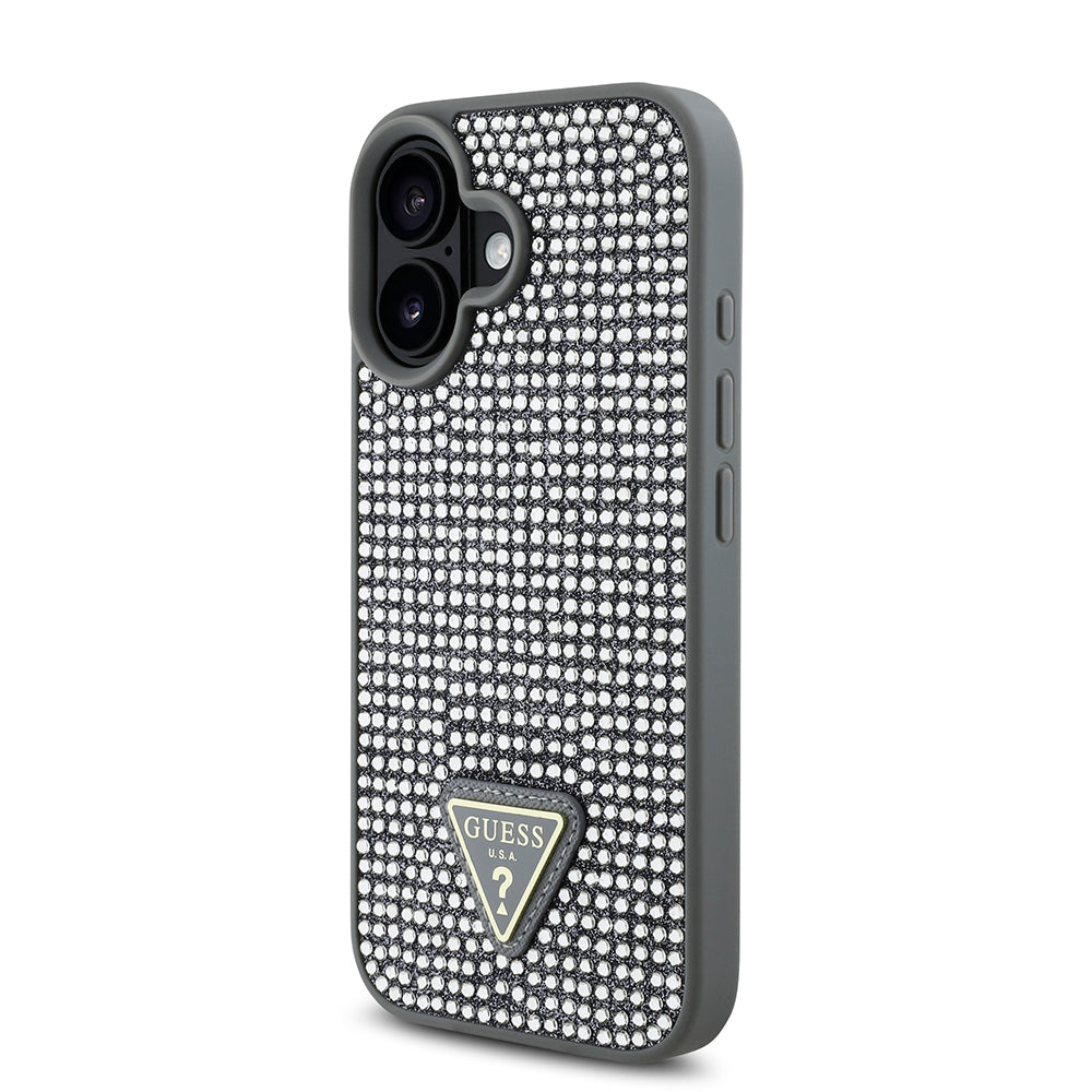 Apple iPhone 16 Plus Kılıf Guess Üçgen Logolu Rhinestone Taşlı Kapak Gümüş