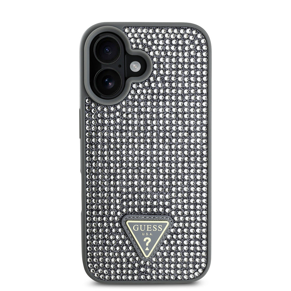 Apple iPhone 16 Plus Kılıf Guess Üçgen Logolu Rhinestone Taşlı Kapak Gümüş