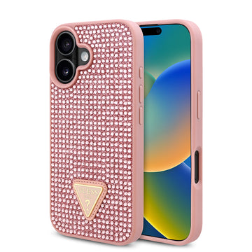 Apple iPhone 16 Plus Kılıf Guess Üçgen Logolu Rhinestone Taşlı Kapak Pembe