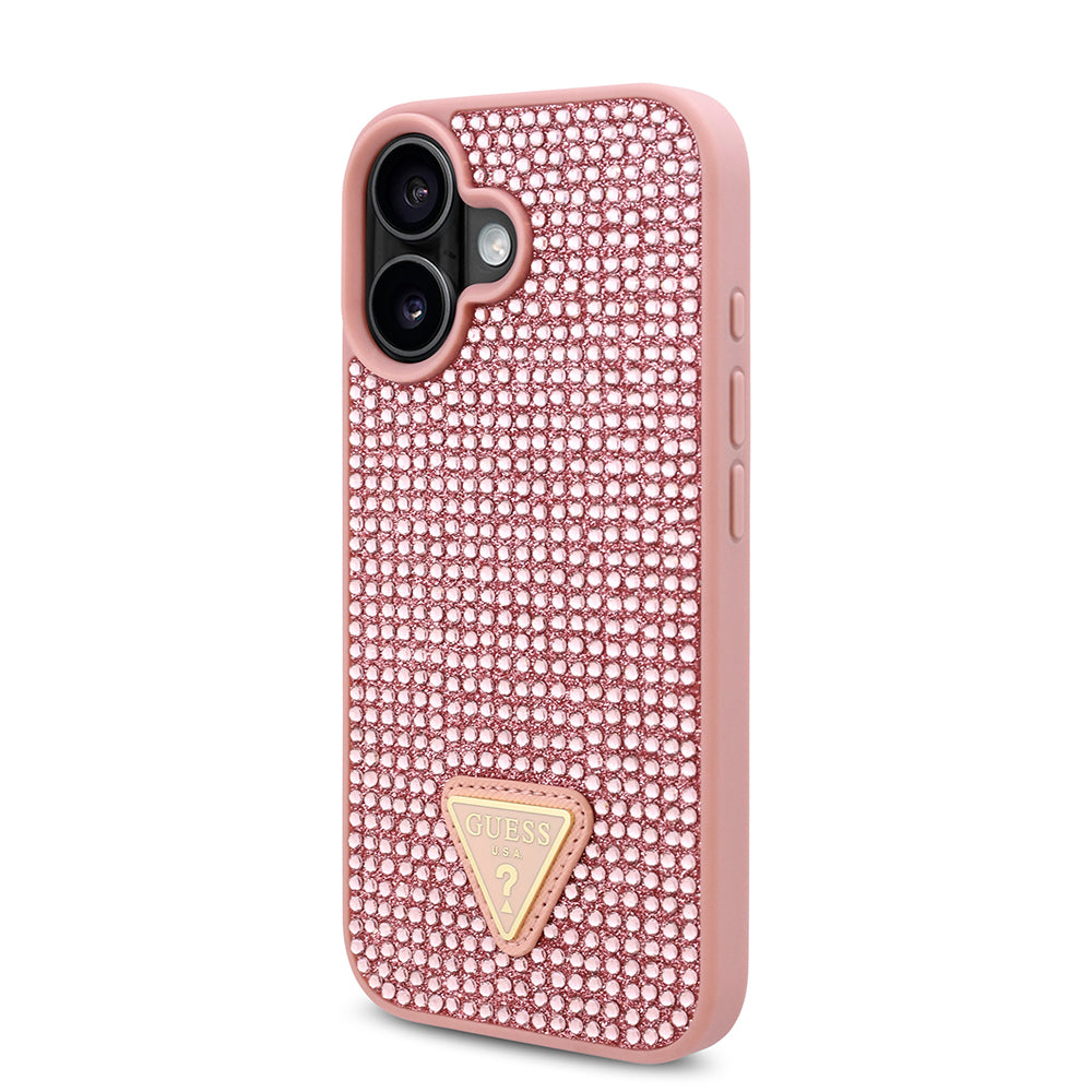 Apple iPhone 16 Plus Kılıf Guess Üçgen Logolu Rhinestone Taşlı Kapak Pembe