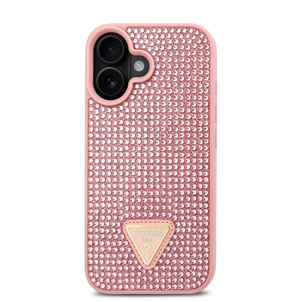 Apple iPhone 16 Plus Kılıf Guess Üçgen Logolu Rhinestone Taşlı Kapak Pembe