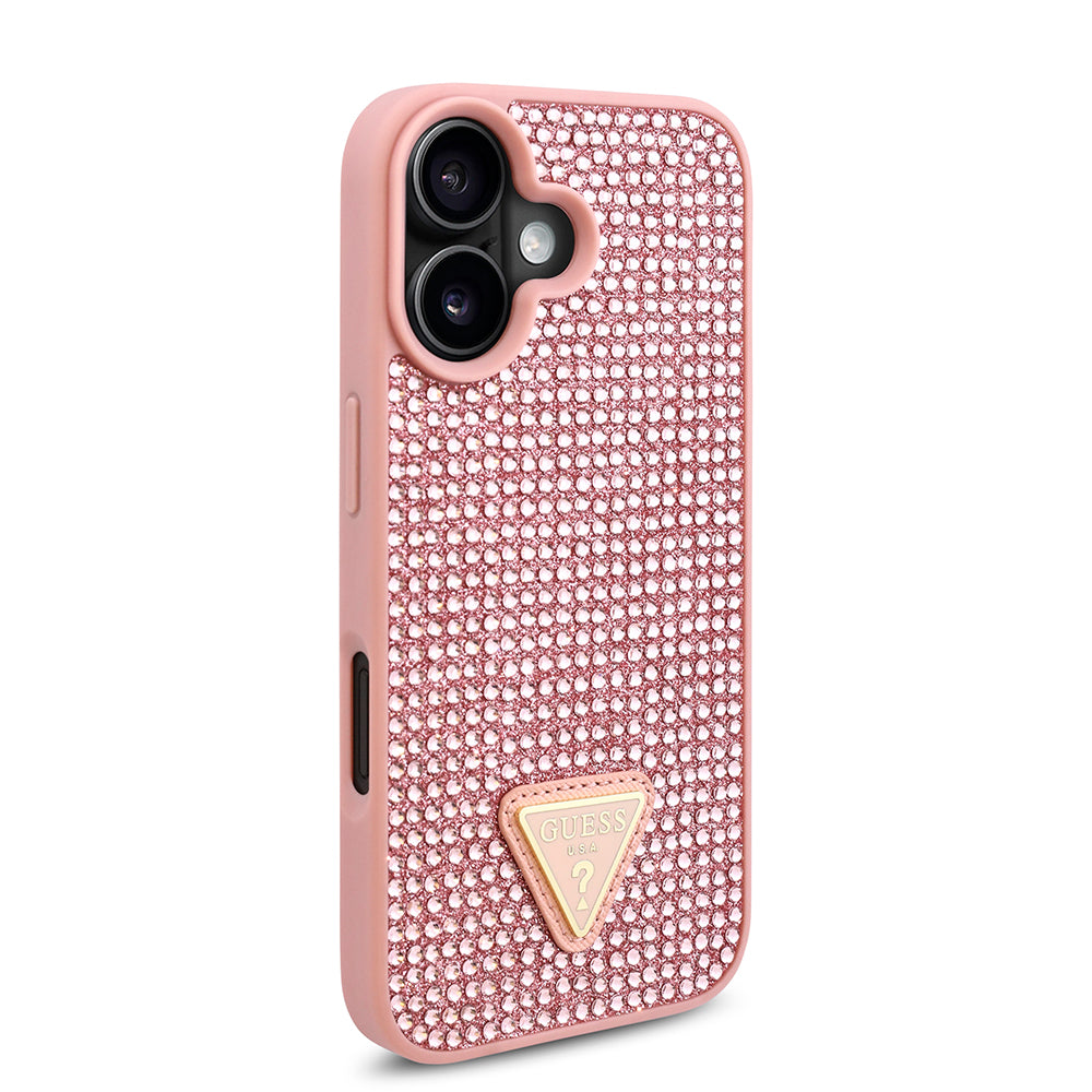 Apple iPhone 16 Plus Kılıf Guess Üçgen Logolu Rhinestone Taşlı Kapak Pembe